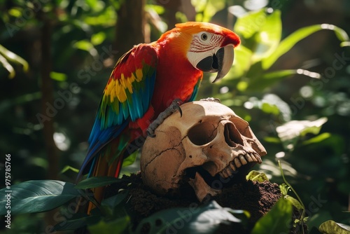 A vibrant macaw perches on a skull among lush greenery. This unique image blends nature and symbolism. Perfect for wildlife and artistic themes. Generative AI photo