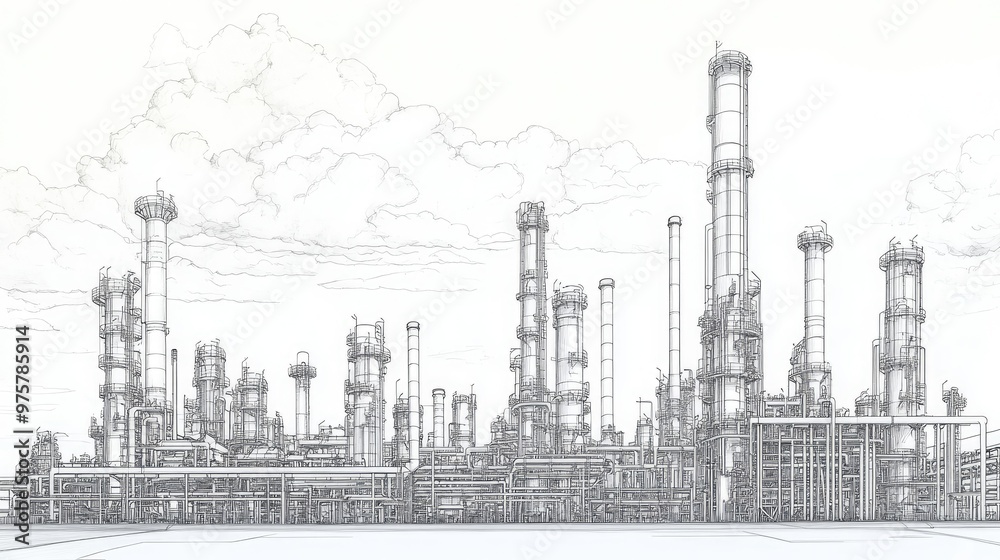 A technical line drawing of an oil refinery, showing a detailed network of pipes and chimneys, the sky in a distinct layer with industrial clouds. A technical line drawing of an oil refinery, showing a detailed network of pipes and chimneys, the sky in a distinct layer with industrial clouds.