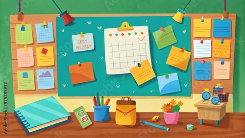 A Colorful Bulletin Board with School Supplies and a Calendar photo