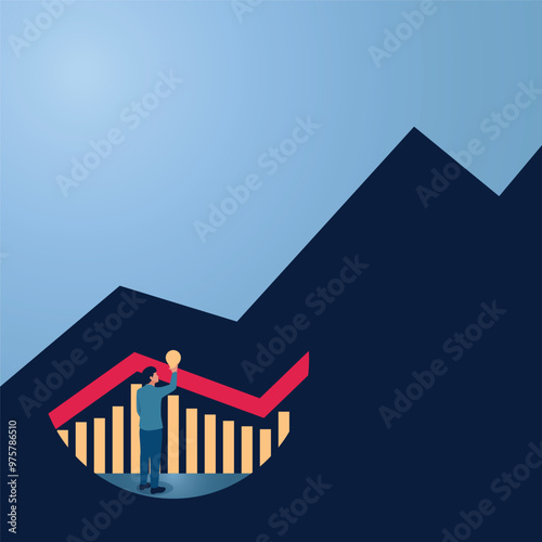 A man holding a lamp illuminates a rising business sales graph, an illustration to explore business, market predictions, the journey to success.