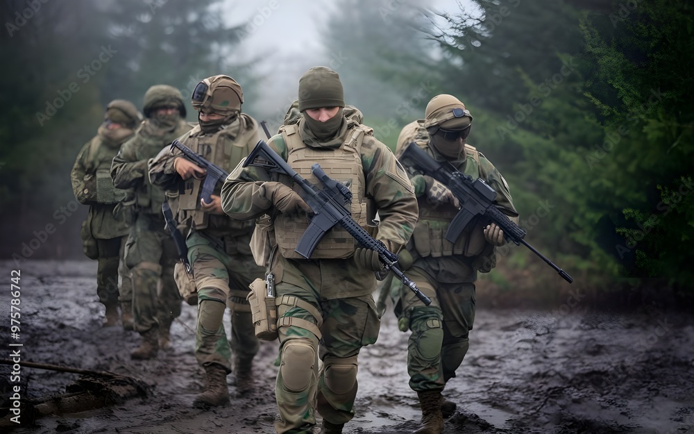 Modern warfare soldiers advancing through a dusty environment. They are wearing body armor and helmets, and some are carrying rifles. Modern warfare soldiers advancing through a dusty environment. They are wearing body armor and helmets, and some are carrying rifles.