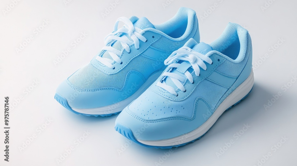Classic running sneakers in sky blue on a white background, neatly placed side by side, capturing their lightweight design. Classic running sneakers in sky blue on a white background, neatly placed side by side, capturing their lightweight design.