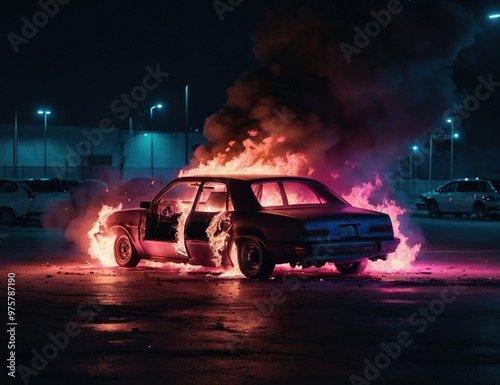 A car engulfed in flames at night with smoke billowing in a deserted parking lot illuminated by streetlights photo