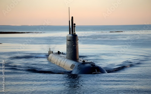 A military submarine diving underwater. The submarine is emerging from the surface.