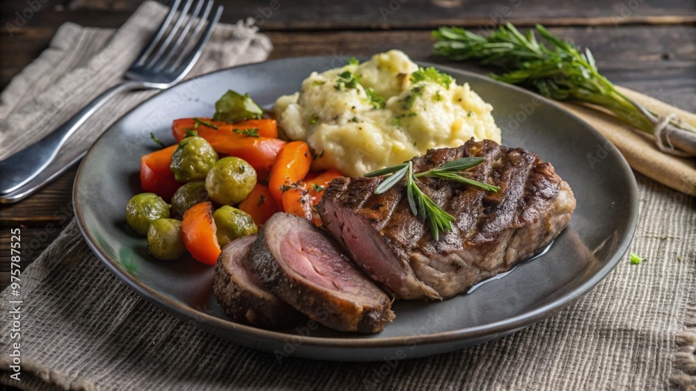 A plate of meat with a side of mashed potatoes and vegetables. The meat is cooked and seasoned perfectly, and the vegetables are roasted.
A plate of meat with a side of mashed potatoes and vegetables. The meat is cooked and seasoned perfectly, and the vegetables are roasted.