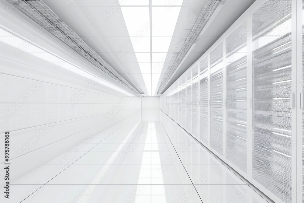 Futuristic white data center with illuminated corridor and rows of storage units on each side Futuristic white data center with illuminated corridor and rows of storage units on each side