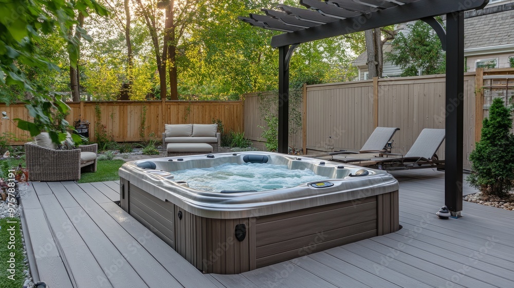 Obraz premium A backyard deck featuring a built-in hot tub, lounge chairs, and a pergola providing partial shade.