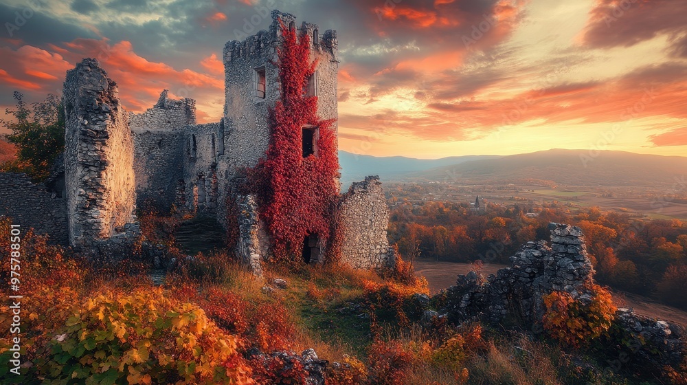 Obraz premium Ancient Stone Ruins Bathed in Golden Sunset