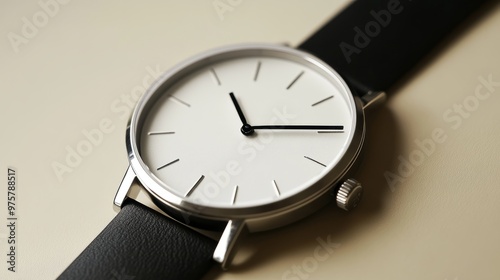 A close-up of a minimalist wristwatch with a white face and black leather strap, against a neutral background