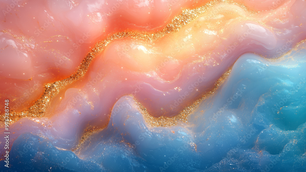 Fototapeta premium Liquid Gold Flow: Melting Ore with Stunning Blue, Green, and Pink Blends