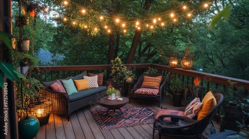 A cozy corner deck with wicker chairs, colorful cushions, and string lights hung above. Perfect for evening relaxation.