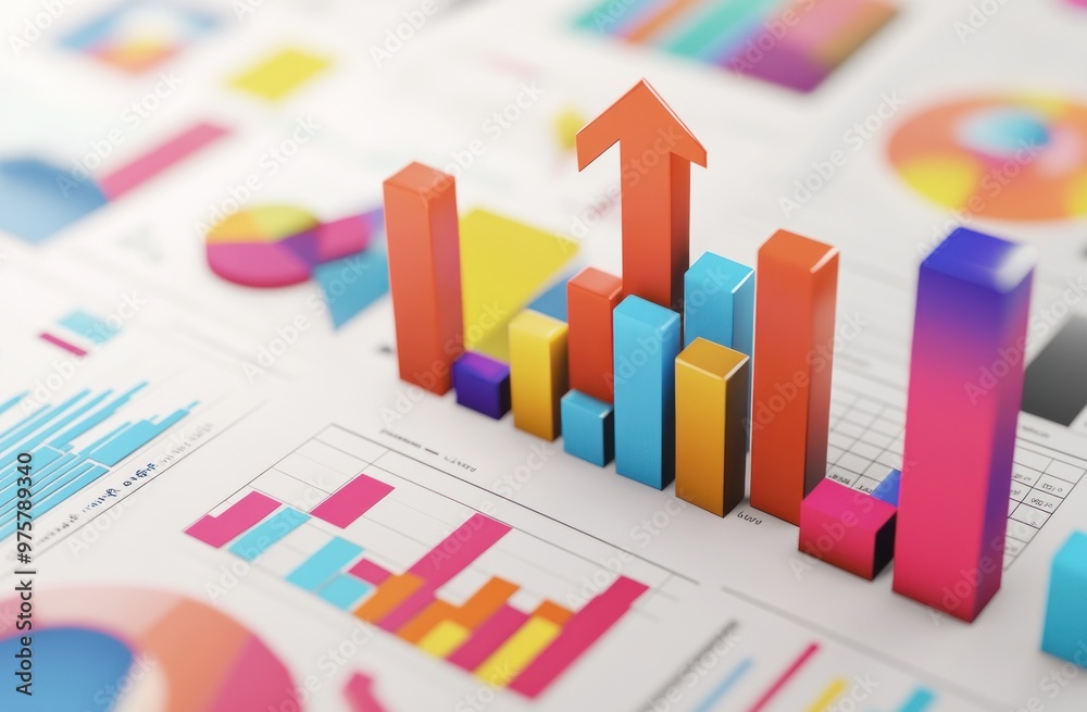 Colorful Bar Chart with Upward Arrow on White Paper