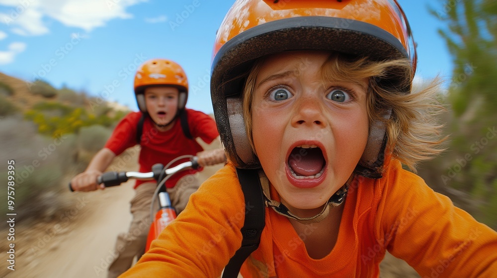 Two children riding bicycles on a dirt road with helmets, AI Two children riding bicycles on a dirt road with helmets, AI