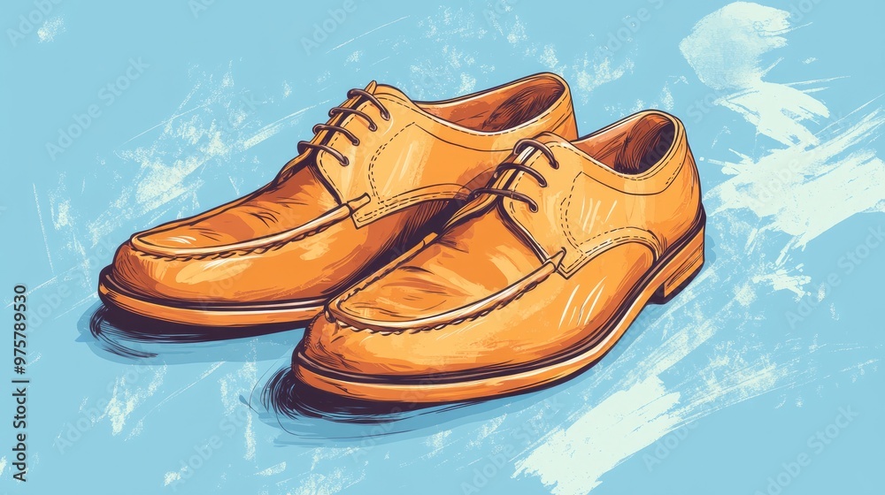 A pair of brown leather shoes with laces on a blue background. A pair of brown leather shoes with laces on a blue background.