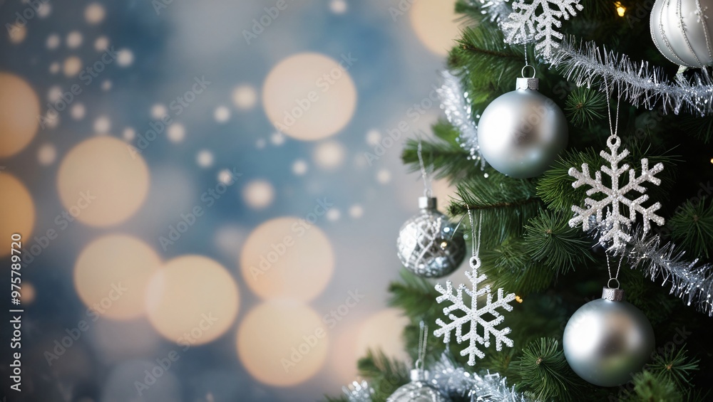 Close-Up Festive Christmas Tree with Silver and White Ornaments Against Blurred Blue and Gold Bokeh Background, Generative AI Close-Up Festive Christmas Tree with Silver and White Ornaments Against Blurred Blue and Gold Bokeh Background, Generative AI