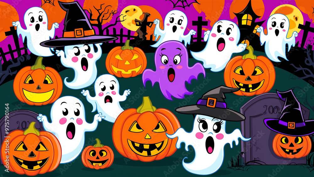 A fun and spooky Halloween scene filled with happy ghosts, glowing jack-o-lanterns, cute purple owls, and witch hats. A fun and spooky Halloween scene filled with happy ghosts, glowing jack-o-lanterns, cute purple owls, and witch hats.
