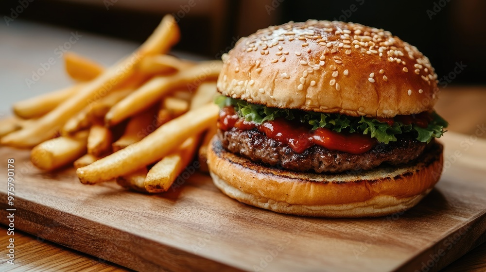 Mouthwatering burger and crispy fries served with spicy sauce, perfect for indulgent fast food and restaurant menu concepts