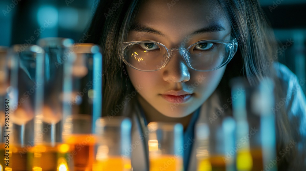 A student examines the results of an experiment, holding up a test tube against the light to check clarity. A student examines the results of an experiment, holding up a test tube against the light to check clarity.