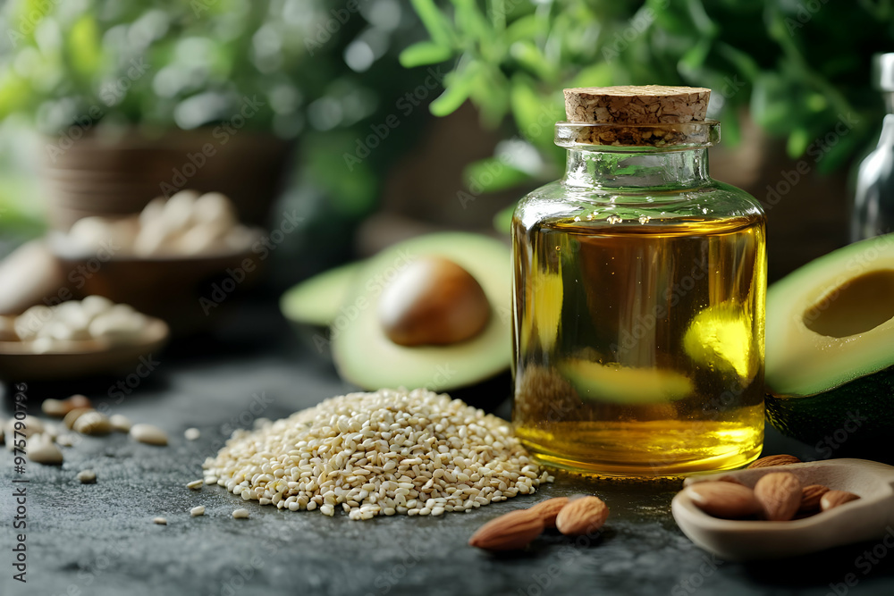 Bottles of healthy oil surrounded by seeds and nuts, ideal for culinary uses and wellness lifestyle promotions. Bottles of healthy oil surrounded by seeds and nuts, ideal for culinary uses and wellness lifestyle promotions.