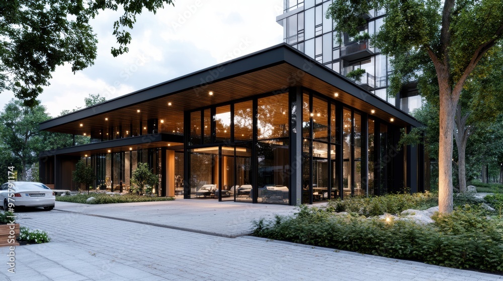 Modern Glass Building with Wooden Accents in Urban Setting Modern Glass Building with Wooden Accents in Urban Setting