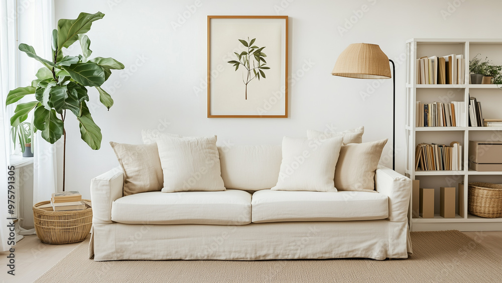 Fototapeta premium Urban Comfort: Manhattan Living Room with Soft Tones and Natural Light
