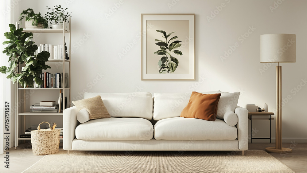 Obraz premium Cozy Manhattan Living: Off-White Couch and Warm Accents in a Naturally Lit Room
