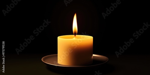 A solitary candle flickers gently in the darkness, casting a warm glow while illuminating its surroundings with a soft, inviting light. Halloween background, copy space.