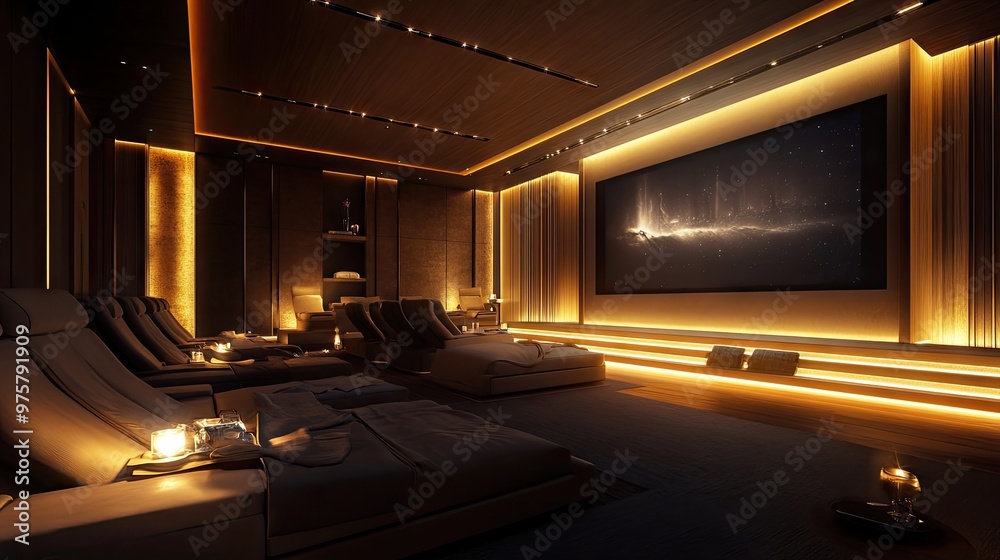 Home cinema with comfortable reclining seats, a large screen, and dimmable lighting set into the high ceiling, creating a relaxing atmosphere.