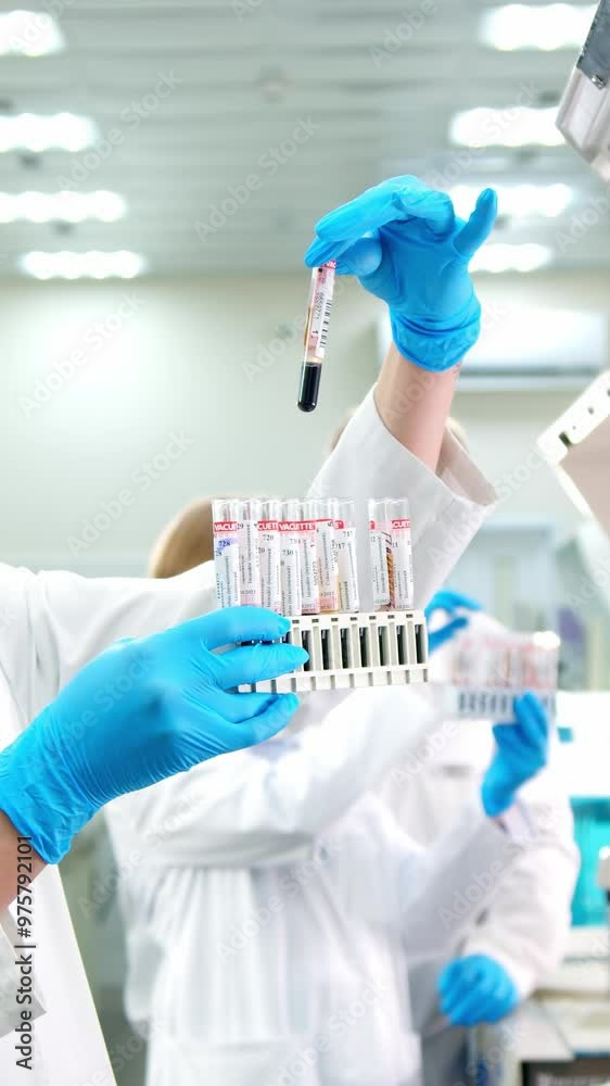 Vertical video. A female scientist controls the operation of laboratory ...