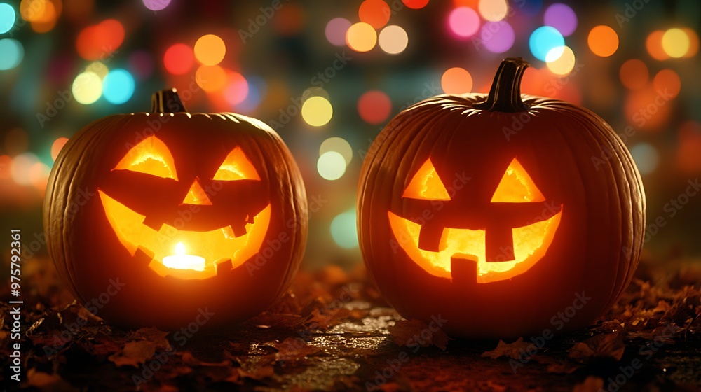 Fototapeta premium Festive Halloween Pumpkins Illuminated with Colorful Lights and Autumn Leaves
