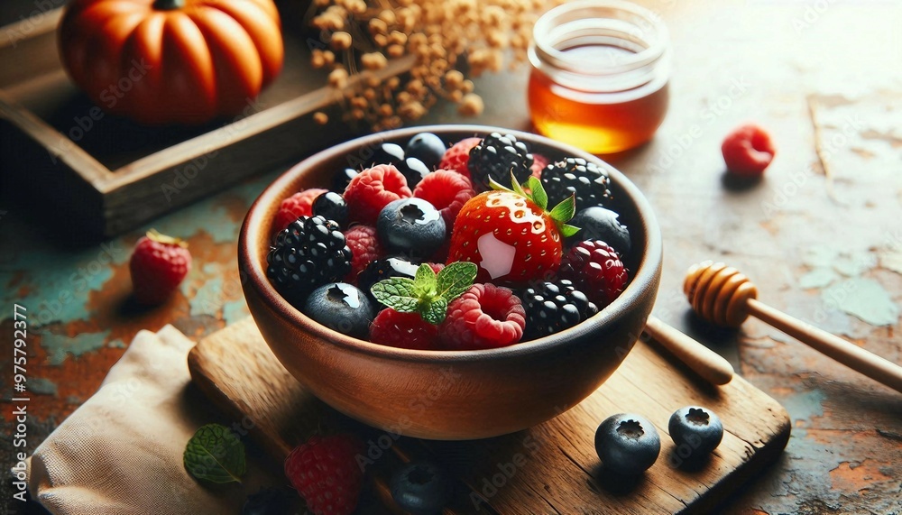 A wooden bowl filled with a variety of fresh berries on a rustic table, accompanied by honey and grains, evoking a sense of wholesome and natural eating.
A wooden bowl filled with a variety of fresh berries on a rustic table, accompanied by honey and grains, evoking a sense of wholesome and natural eating.