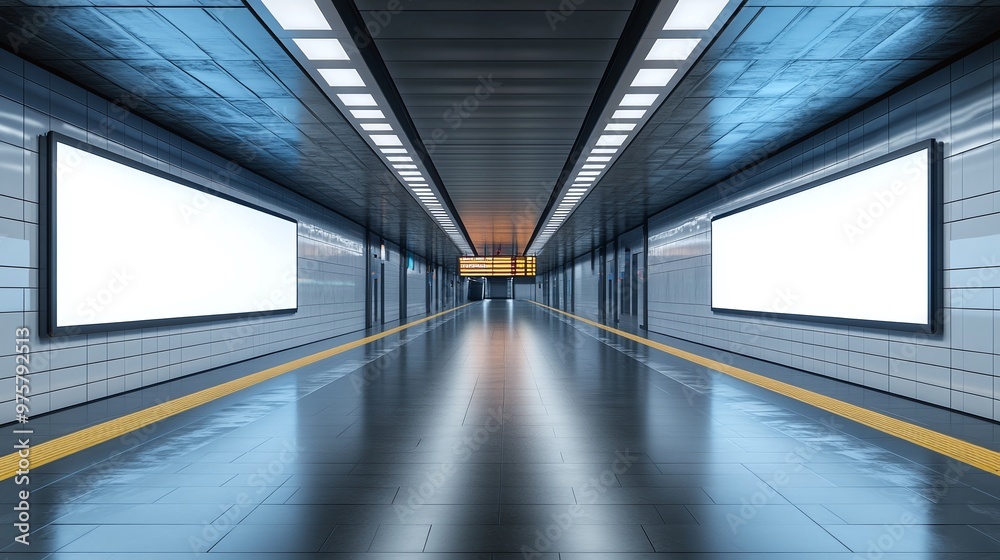 Fototapeta premium urban subway station platform with empty advertisement space emphasizing modern design and the potential for future commercial use in a city transit setting