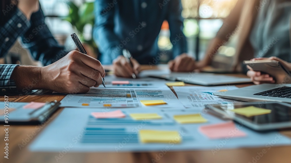 detailed image of a business meeting featuring sticky notes on a board highlighting teamwork, collaboration, and effective planning in a professional workspace detailed image of a business meeting featuring sticky notes on a board highlighting teamwork, collaboration, and effective planning in a professional workspace