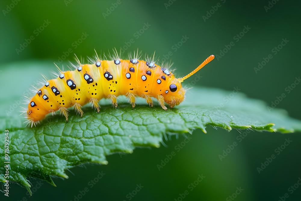 Close-up of a vibrant orange caterpillar resting on a green leaf, showcasing its unique patterns and textures in nature. Close-up of a vibrant orange caterpillar resting on a green leaf, showcasing its unique patterns and textures in nature.