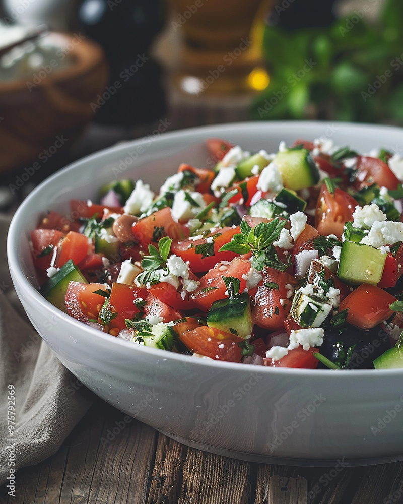 Vibrant Greek Salad with Feta and Fresh Oregano on Rustic Wooden Table Vibrant Greek Salad with Feta and Fresh Oregano on Rustic Wooden Table