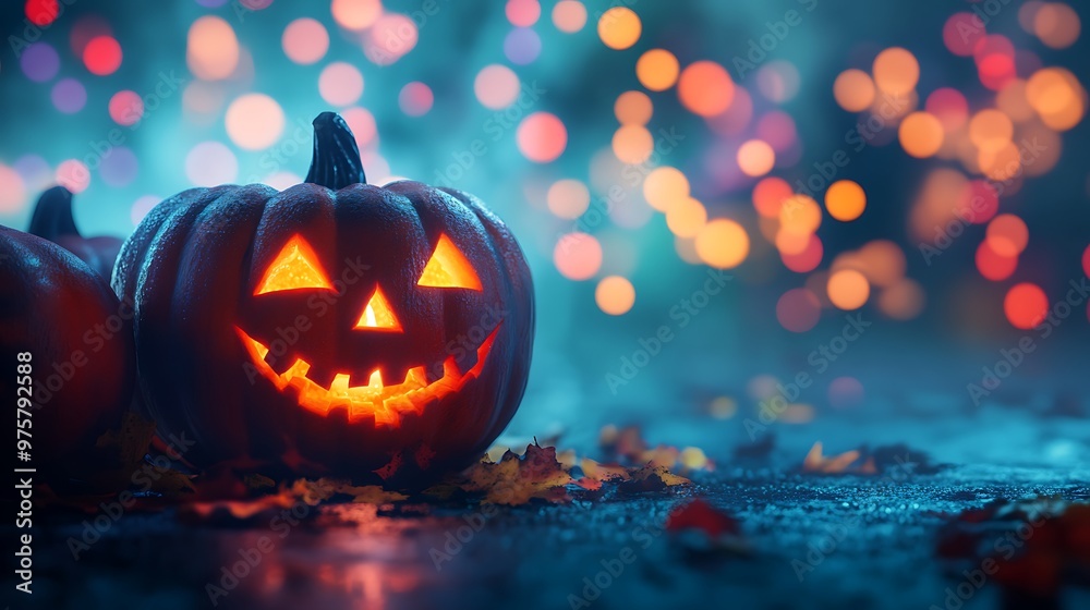 Fototapeta premium Festive Halloween Pumpkins Illuminated with Colorful Lights and Autumn Leaves