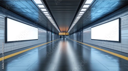 urban subway station platform with empty advertisement space emphasizing modern design and the potential for future commercial use in a city transit setting