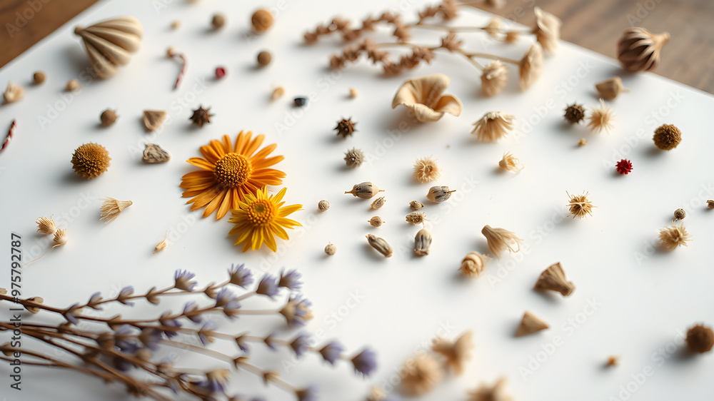 Fototapeta premium Dry flowers of various type on a white background. AI generated image, ai