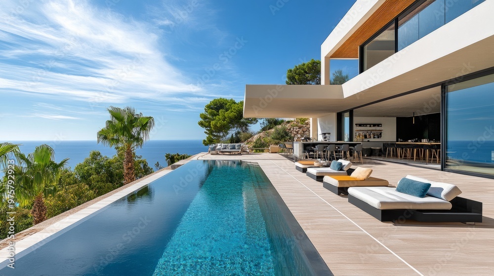 Fototapeta premium A luxurious patio deck with an infinity pool, outdoor bar, and sun loungers facing the horizon.