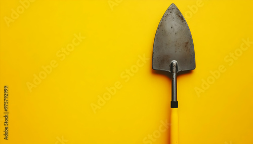 A close-up of a metal garden spade against a bright yellow background, symbolizing gardening and outdoor activities. photo