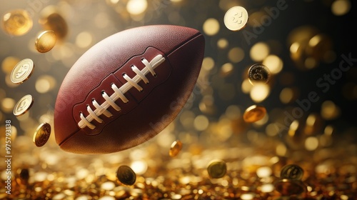 An American football floating amidst a cascade of gold coins, blending the excitement of the game with its financial stakes. photo