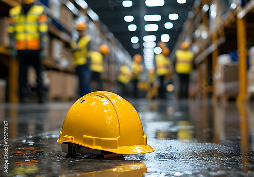 A yellow safety helmet rests on the floor of a warehouse, showcasing industrial safety amidst workers in high-visibility clothing. photo