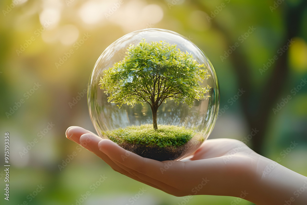 A hand holding a glass dome with a vibrant tree, symbolizing nature conservation and the beauty of the environment. A hand holding a glass dome with a vibrant tree, symbolizing nature conservation and the beauty of the environment.
