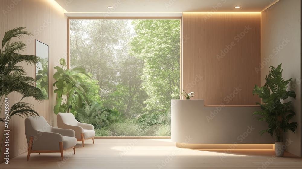 Fototapeta premium Modern Dental Office Reception Area with Large Window Overlooking Lush Greenery and Comfortable Seating