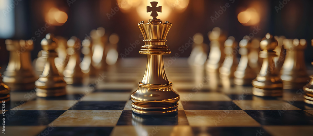 A detailed view of a golden chess piece on a chessboard, symbolizing strategy, competition, and intellectual challenge. A detailed view of a golden chess piece on a chessboard, symbolizing strategy, competition, and intellectual challenge.