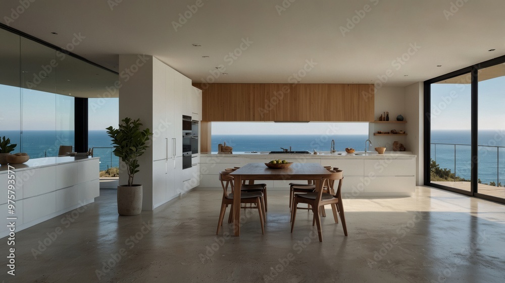 Fototapeta premium Minimalist Modern Kitchen in a Coastal Cliff House