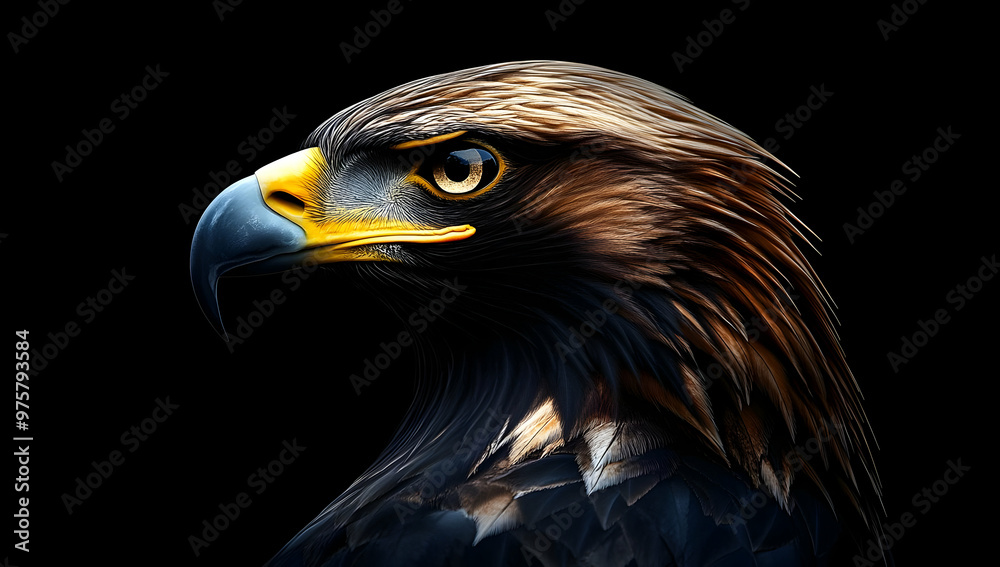 Fototapeta premium A striking close-up portrait of an eagle showcasing its fierce gaze and intricate feather details against a dark background.
