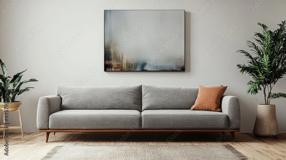 A minimalist living room with a single piece of abstract art, a gray sofa, and no additional decorations. A minimalist living room with a single piece of abstract art, a gray sofa, and no additional decorations.