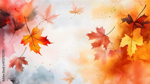 Watercolor abstract background autumn collection with maple and seasonal leaves. Hand-painted watercolor natural art, 