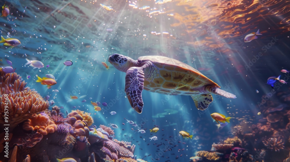 Fototapeta premium Beautiful sea turtle swimming in a colorful underwater world filled with vibrant coral and school of fish